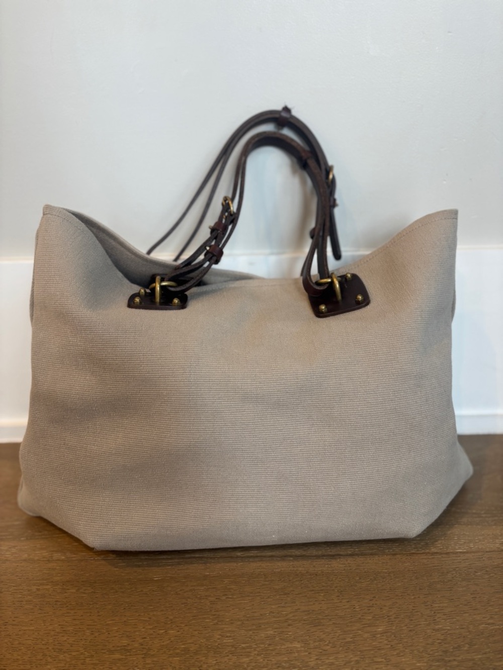 Bottega Veneta Beige Canvas Tote with Dark Brown Leather Handles